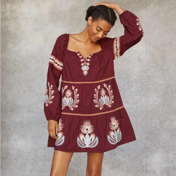 anthropologie red embroidered dress Red Floral Embroidered Cotton Dress - Midi Dresses main image 1